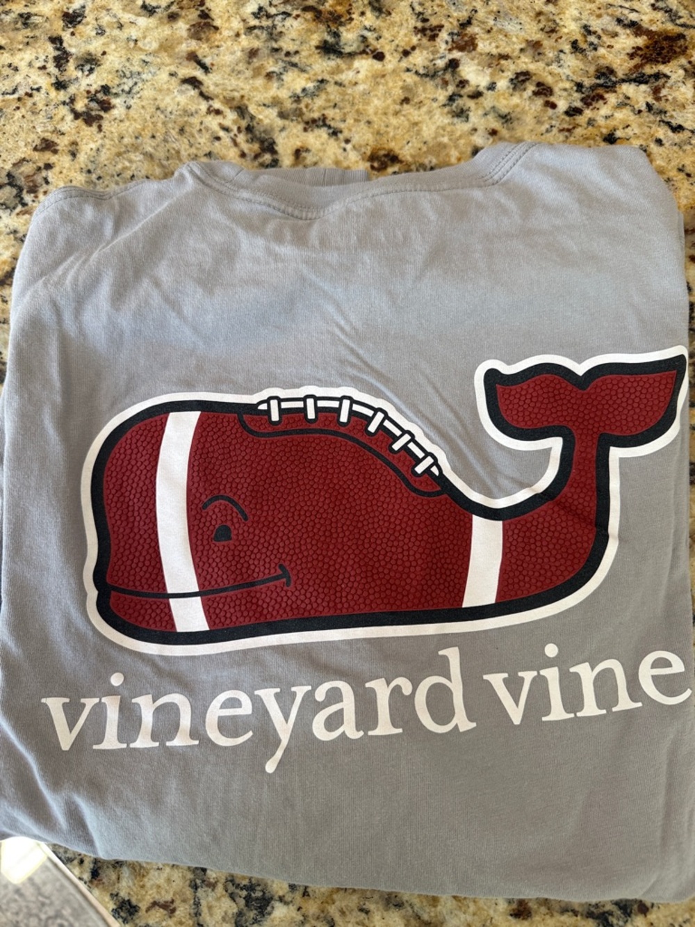 Vineyard Vines Gray Tee with Maroon Football Whale Graphic